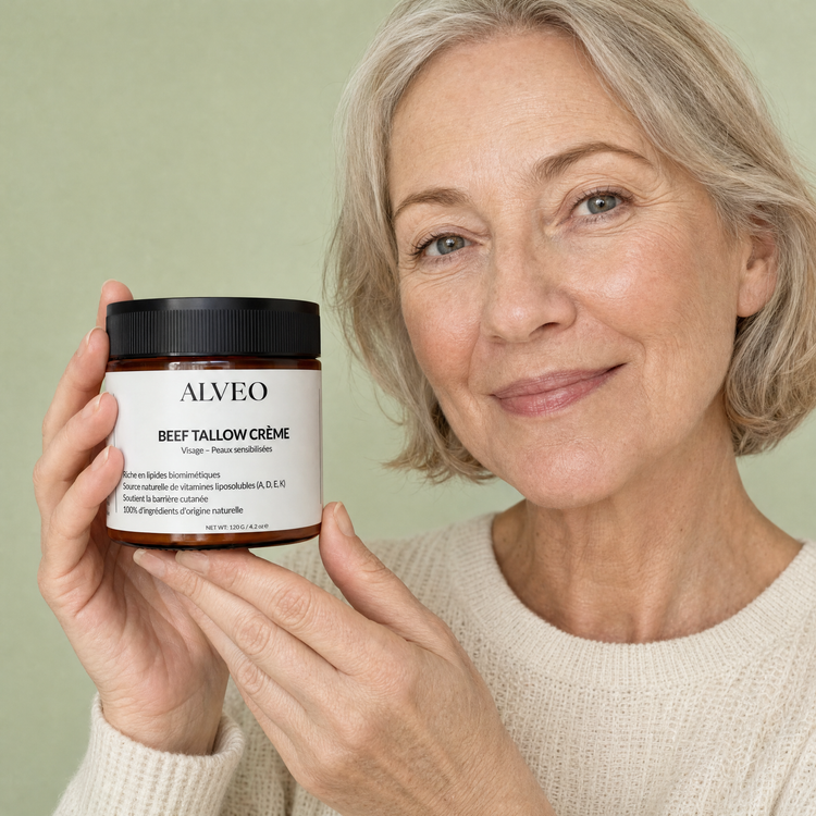 Frau mit einem Tiegel Beef Tallow Crème von ALVEO